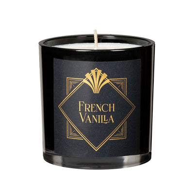Black glass candle with gold French Vanilla label and white wax inside, single wick centered.