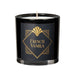Black glass candle with gold French Vanilla label and white wax inside, single wick centered.