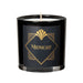 Black glass candle with gold "Midnight" label and white wax inside, single wick unlit.