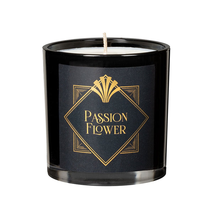 Black glass candle with gold "Passion Flower" label and white wax inside, 6.5oz size.
