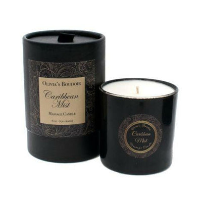 Olivia's Boudoir Caribbean Mist massage candle in black glass with matching black cylindrical packaging box