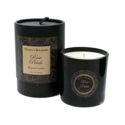 Olivia's Boudoir Rose Petals massage candle in black glass with matching cylindrical box packaging