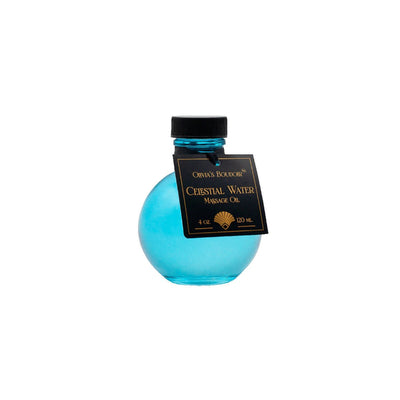 Olivia's Boudoir Celestial Water massage oil in a round blue glass bottle with black cap and label tag