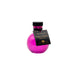 Round pink glass bottle of Olivia's Boudoir Passion Flower massage oil with black cap and label tag.
