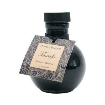 Round black glass bottle of Olivia's Boudoir Tuxedo massage and body oil with decorative label tag.