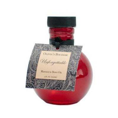 Round red glass bottle of Olivia's Boudoir Unforgettable massage and body oil with black cap and decorative label.