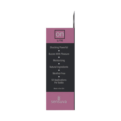 Side view of On Arousal Oil Lite 5ml box highlighting features like natural ingredients, moisturizing, and 50 applications per bottle.