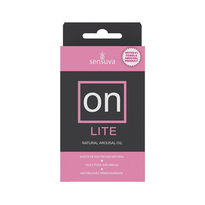 Sensuva On Arousal Oil Lite 5ml box in black and pink with natural arousal oil label and award badge.