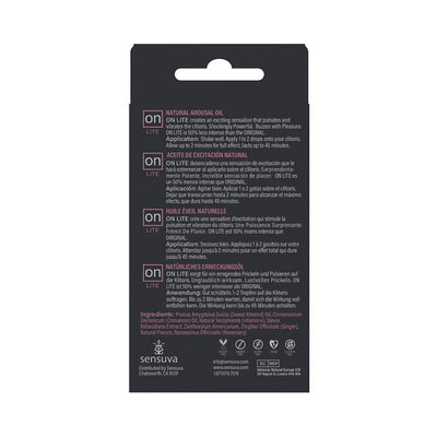 Back packaging of ON Arousal Oil Lite 5ml bottle with product description, usage instructions, ingredients, and multilingual text.