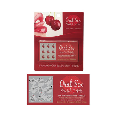 Oral Sex Scratch Tickets game pack with red packaging featuring cherries and lips, includes 8 scratch-off tickets with playful illustrations.