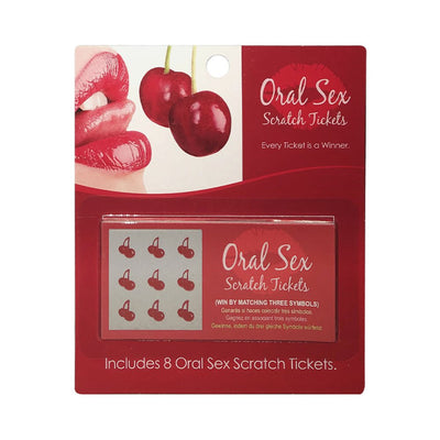Red and white packaging of Oral Sex Scratch Tickets featuring lips and cherries, includes 8 scratch-off tickets for couples' intimate games.