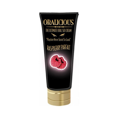 Tube of Oralicious Raspberry Parfait flavored oral sex cream with black and gold packaging and raspberry image on front