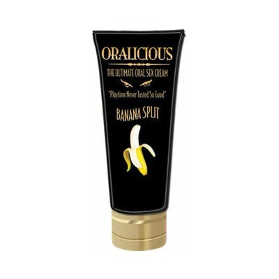 Tube of Oralicious Banana Split flavored oral sex cream with black and gold packaging and a banana graphic on the front