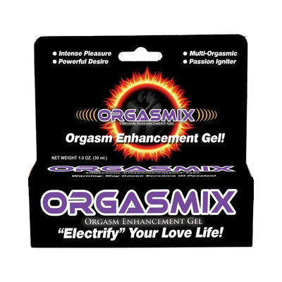 Orgasmix Orgasm Enhancement Gel 1oz packaging with bold purple text and fiery sun graphic on black background.