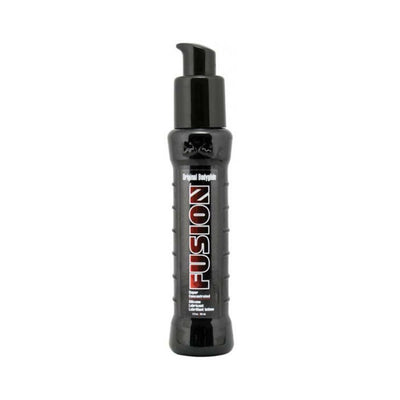 Black pump bottle of Fusion Original Bodyglide silicone lubricant with bold red and white label on white background.