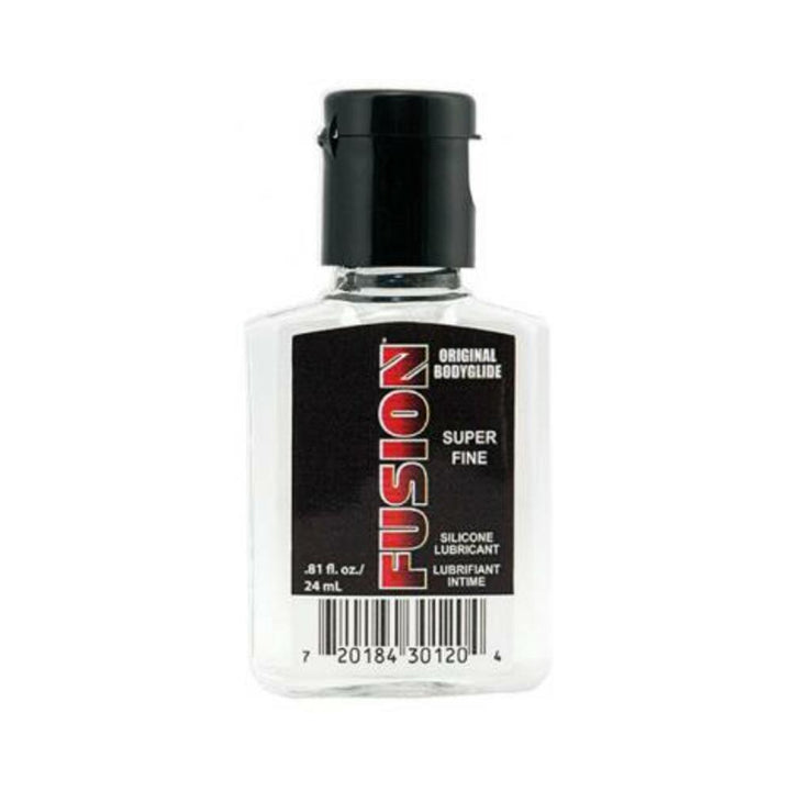 Small clear bottle of Fusion Original Bodyglide super fine silicone lubricant with black label and cap.