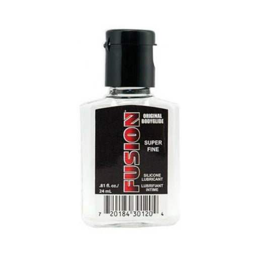 Small clear bottle of Fusion Original Bodyglide super fine silicone lubricant with black label and cap.