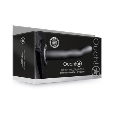 Ouch! Curved hollow strap-on in gunmetal with adjustable black waistband shown in branded packaging box.