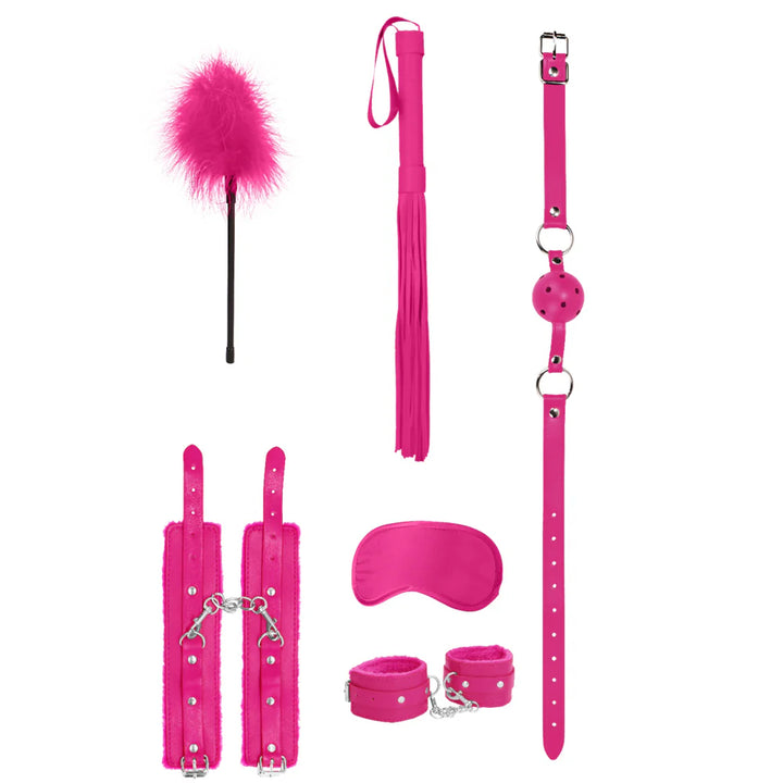 Pink beginners bondage kit with feather tickler, flogger, ball gag, handcuffs, and satin eye mask on white background.