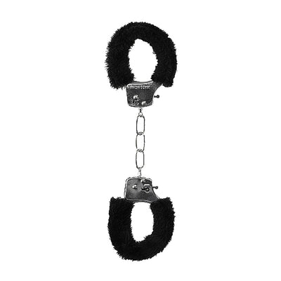 Black and white furry wrist cuffs with metal chain and quick-release buttons for beginner playful restraint.