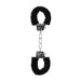 Black and white furry wrist cuffs with metal chain and quick-release buttons for beginner playful restraint.