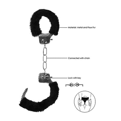 Black and white furry wrist cuffs with metal chain and lock, designed for beginner playful restraint.