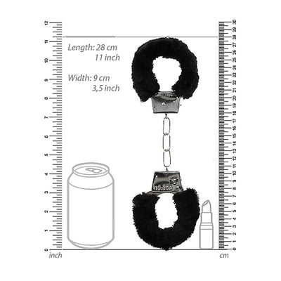 Black and white furry wrist cuffs with metal chain and quick-release button, shown with measurement scales and size comparison.