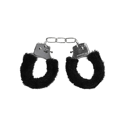 Black and white metal handcuffs with soft black faux fur lining and quick-release button for beginner restraint play.