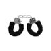 Black and white metal handcuffs with soft black faux fur lining and quick-release button for beginner restraint play.