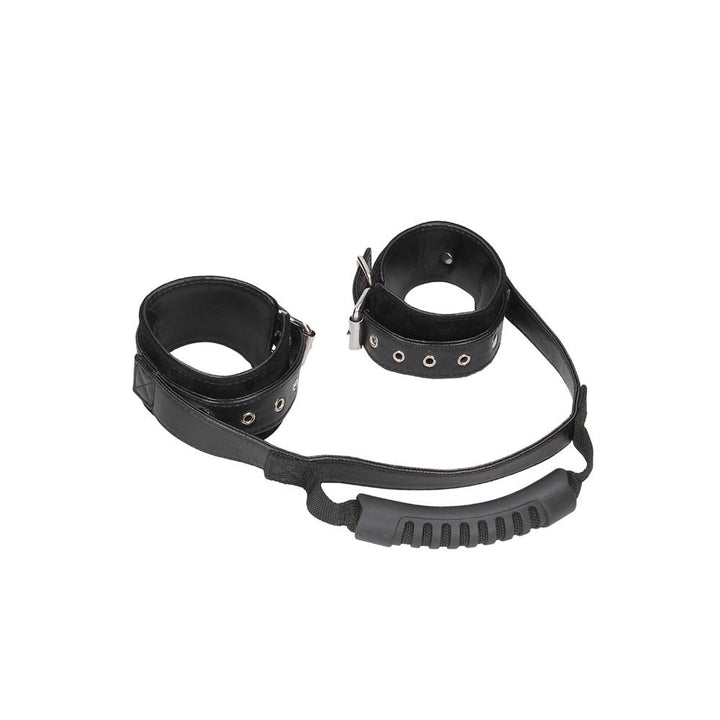 Black bonded leather adjustable handcuffs with metal buckles and a textured handle strap.