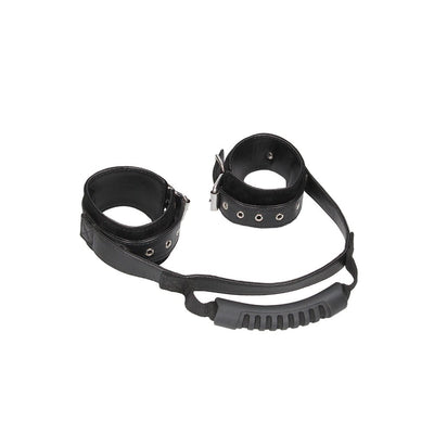 Black bonded leather adjustable handcuffs with metal buckles and a textured handle strap.