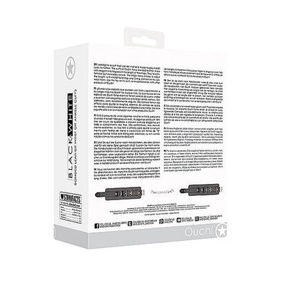 Packaging box of Ouch! black and white bonded leather wrist or ankle cuffs with adjustable straps shown on the back with product details.