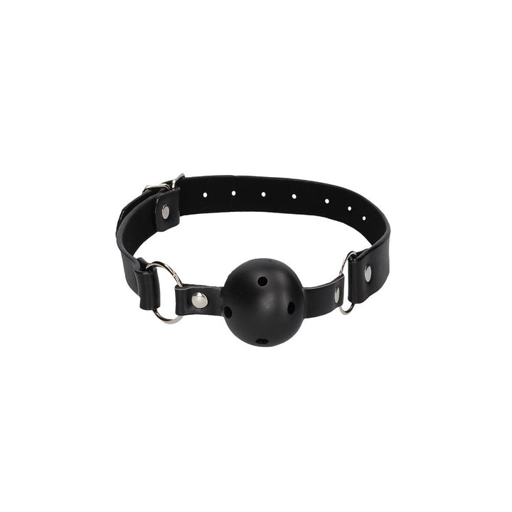 Black breathable ball gag with adjustable bonded leather straps and metal buckle closure on white background.