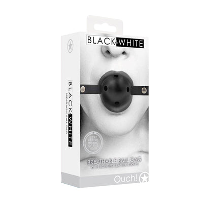 Packaging of Ouch! Black & White breathable ball gag with bonded leather straps shown on a monochrome face background.