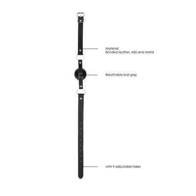 Black and white breathable ball gag with bonded leather straps and adjustable buckle featuring nine holes for a custom fit.