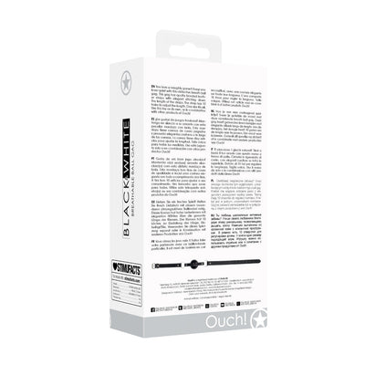 Packaging box of Ouch! Black & White breathable ball gag with bonded leather straps showing product details and multilingual description.