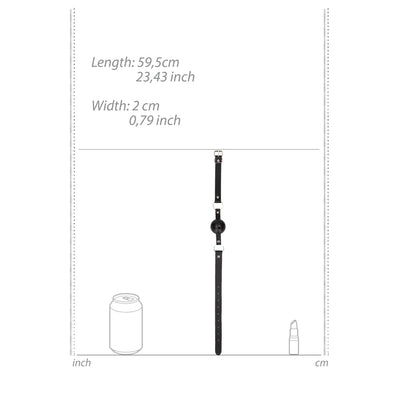 Black and white breathable ball gag with bonded leather straps shown with size measurements and comparison to a soda can and lipstick.
