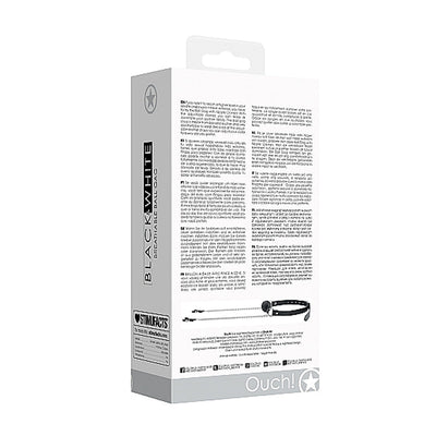 Packaging box of Ouch! Black & White breathable ball gag with adjustable nipple clamps in black.