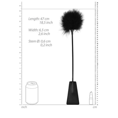 Black feather tickler with bonded leather crop handle shown with size measurements and scale references.