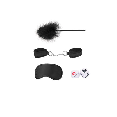 Introductory bondage kit with black feather tickler, adjustable velvet cuffs, satin blindfold, and two dice on white background.