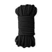 Coiled black Japanese silk rope, 10 meters long, with a smooth braided texture.