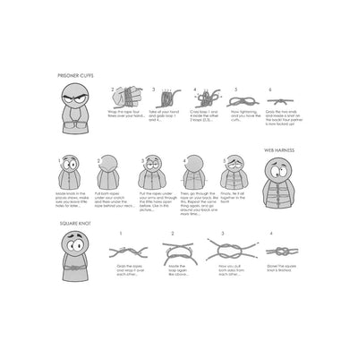 Illustrated step-by-step guide showing how to tie prisoner cuffs, web harness, and square knot with rope.