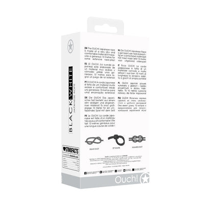 Back view of Ouch! Black & White Japanese silk rope packaging with product details and knot instructions.