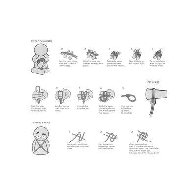 Illustrated step-by-step guide showing how to tie Japanese rope bondage knots including two column tie, zip snare, and Chinese knot.