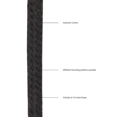 Close-up of black braided cotton rope showing detailed weave pattern and texture with labeling.