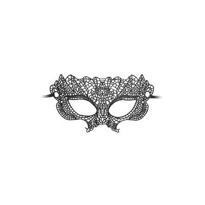 Black lace eye mask with intricate Venetian-inspired floral patterns and ribbon ties for a secure fit.
