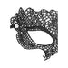 Black lace eye mask with intricate Venetian-inspired cutout design and scalloped edges, secured with black ribbons.
