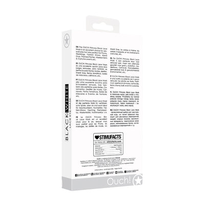 Packaging box of Ouch! Black & White Lace Eye Mask with multilingual product description and brand details.