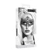 Packaging of Ouch! Black & White Lace Eye Mask Queen featuring a black intricate lace mask worn by a model with platinum blonde hair.
