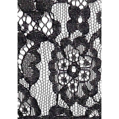 Close-up of black lace fabric with floral pattern and delicate netting detail.
